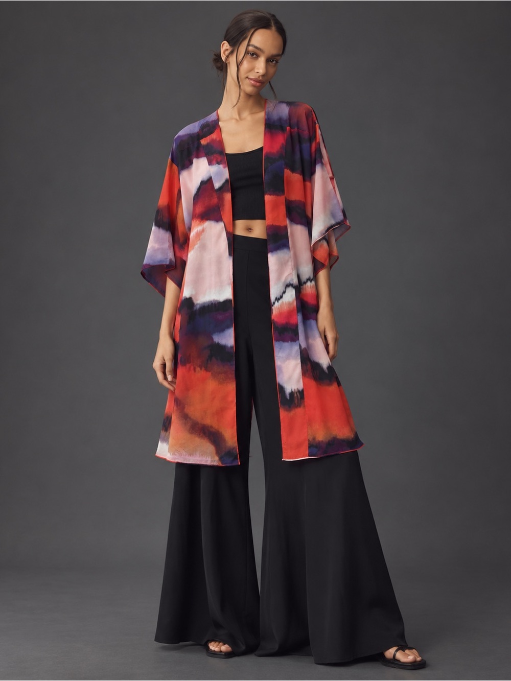 Ecru 100% Silk Kimono Duster Red Purple Abstract Print Open Front Size L